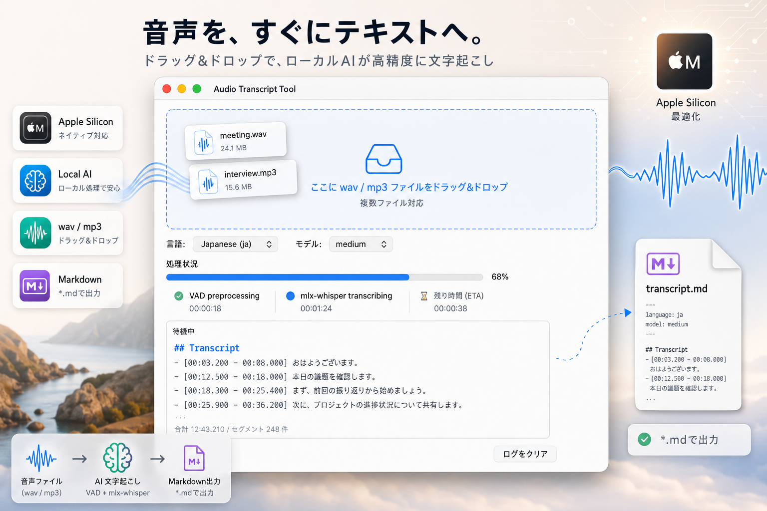 音声ファイルをAIで文字起こししてMarkdownに出力するMacアプリの画面
