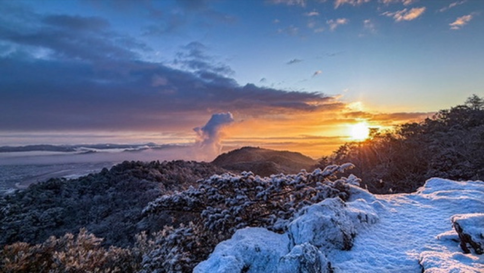 雪の積もった山道から朝焼けと海を望む風景